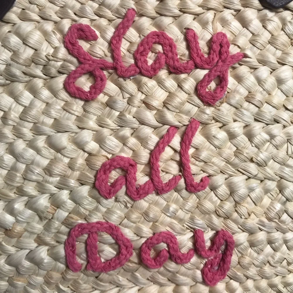 NWT Serra Embroidered Straw Tote Bag,Pink or Black - Picture 3 of 13